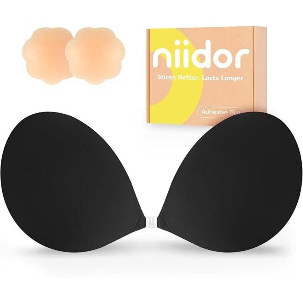 MSRP $32 Niidor Women's D Cup Black Sticky Bra Push Up Silicone Strapless